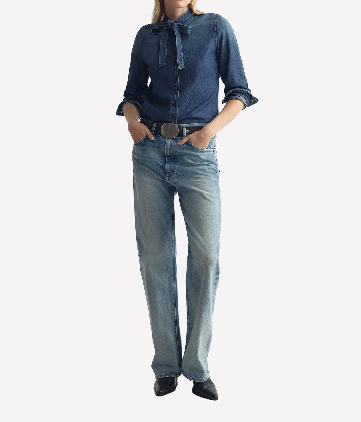 Nili Lotan Suzette Denim Shirt in Classic Wash, full-length front view on model