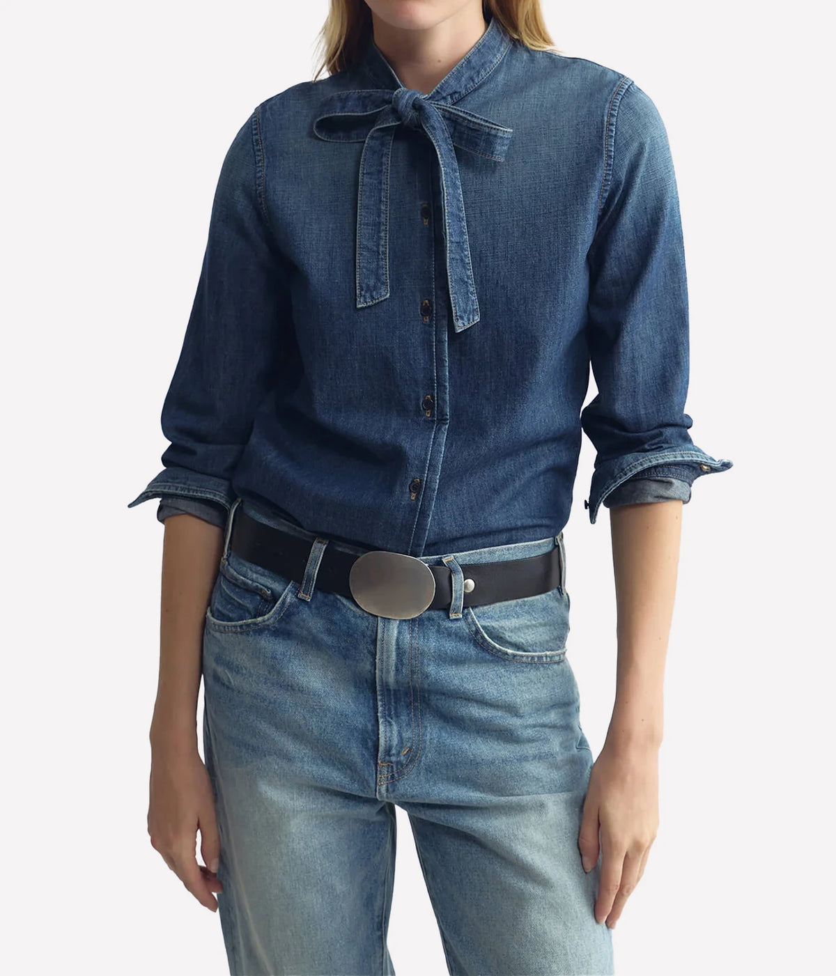 Nili Lotan Suzette Denim Shirt in Classic Wash, close-up front view on model