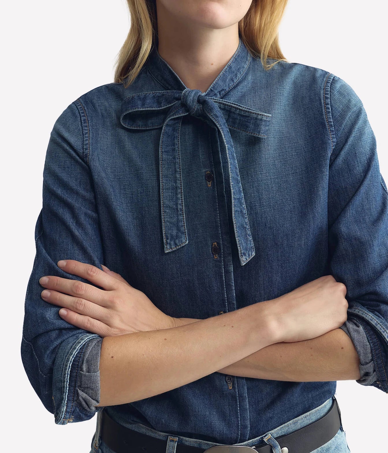 Nili Lotan Suzette Denim Shirt in Classic Wash, front view on model
