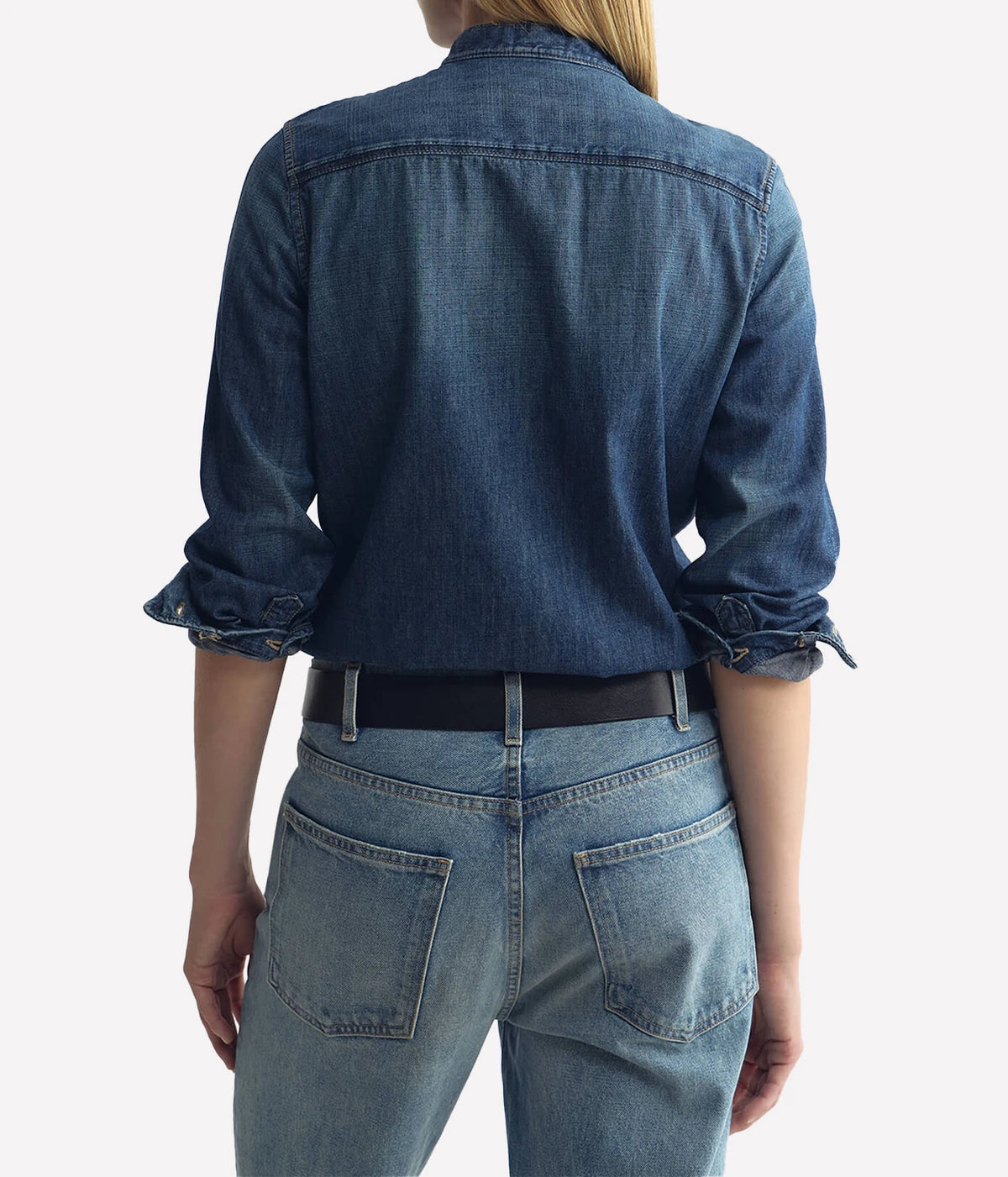 Nili Lotan Suzette Denim Shirt in Classic Wash, close-up front view on model