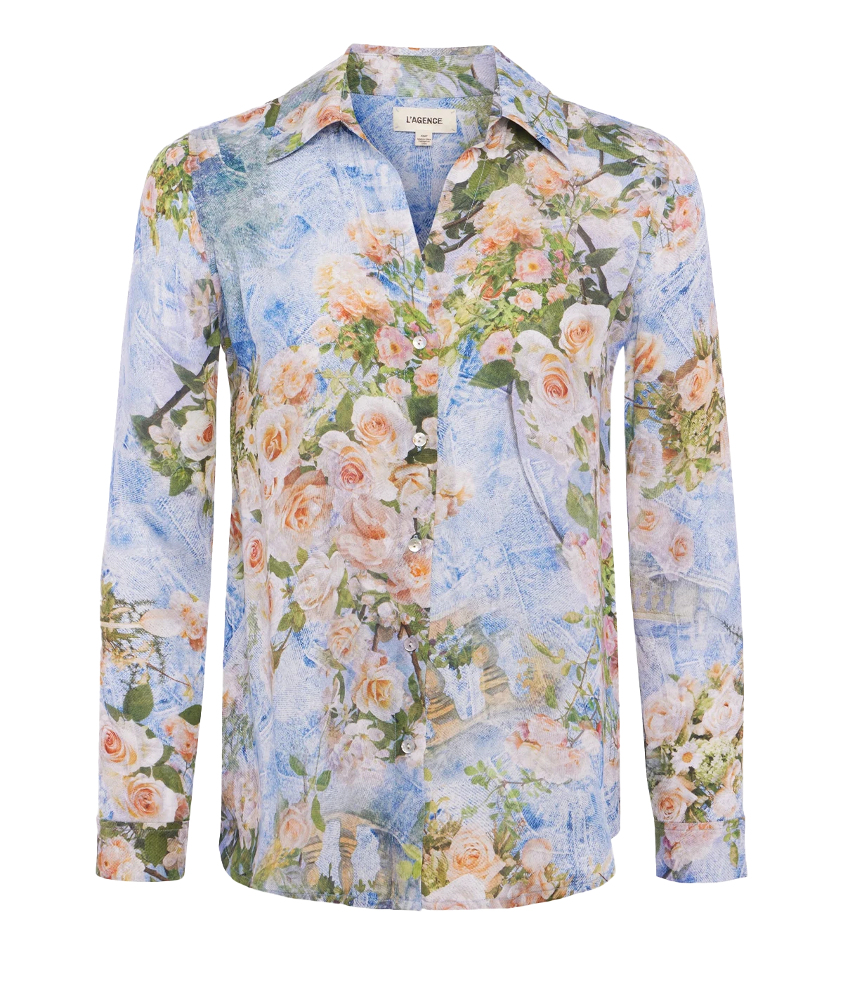 ALT text: Nina silk long-sleeve blouse in floral denim print, with a relaxed fit and high-low shirttail hem.
