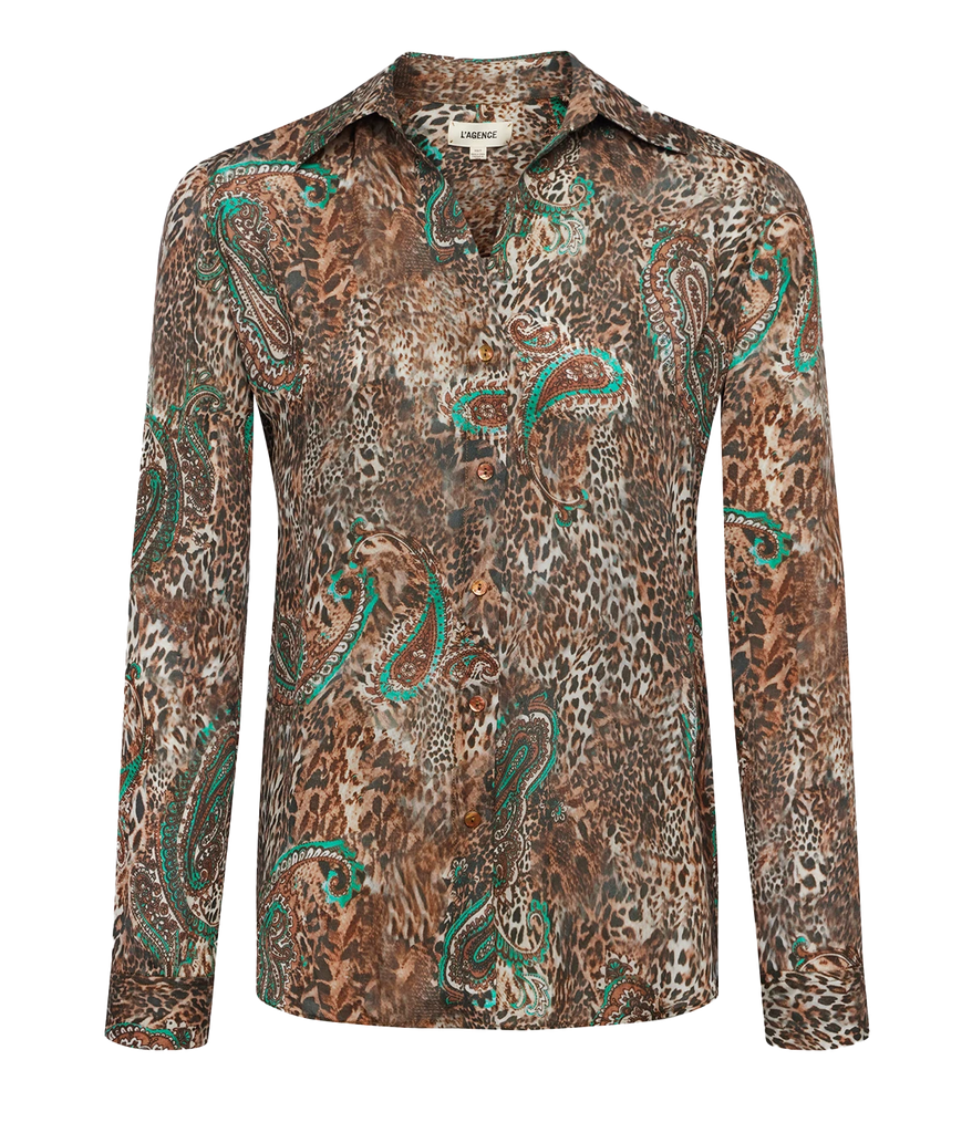 A classic long sleeve button up shirt, in a leopard print, with green paisley detailing. With collar, long sleeve, 100% silk, Bra friendly, date night top, made in USA. 