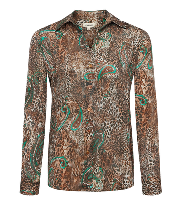 A classic long sleeve button up shirt, in a leopard print, with green paisley detailing. With collar, long sleeve, 100% silk, Bra friendly, date night top, made in USA. 