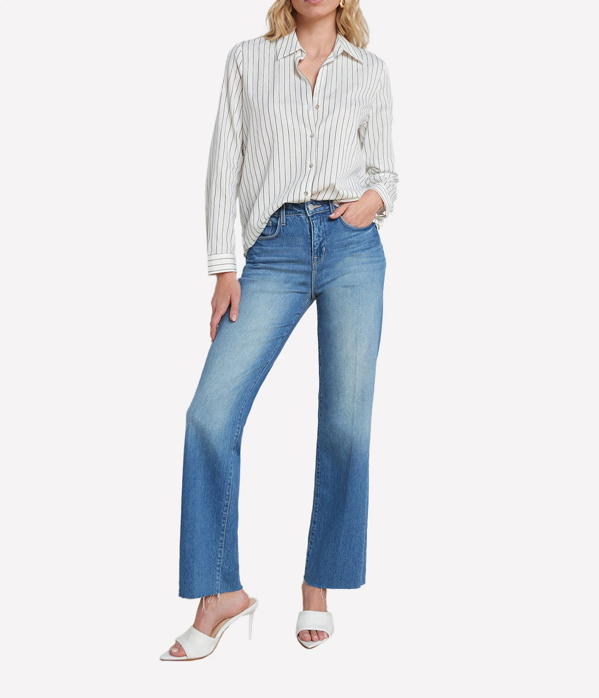 Nina Long Sleeve Blouse in Ivory Black Gold Stripe