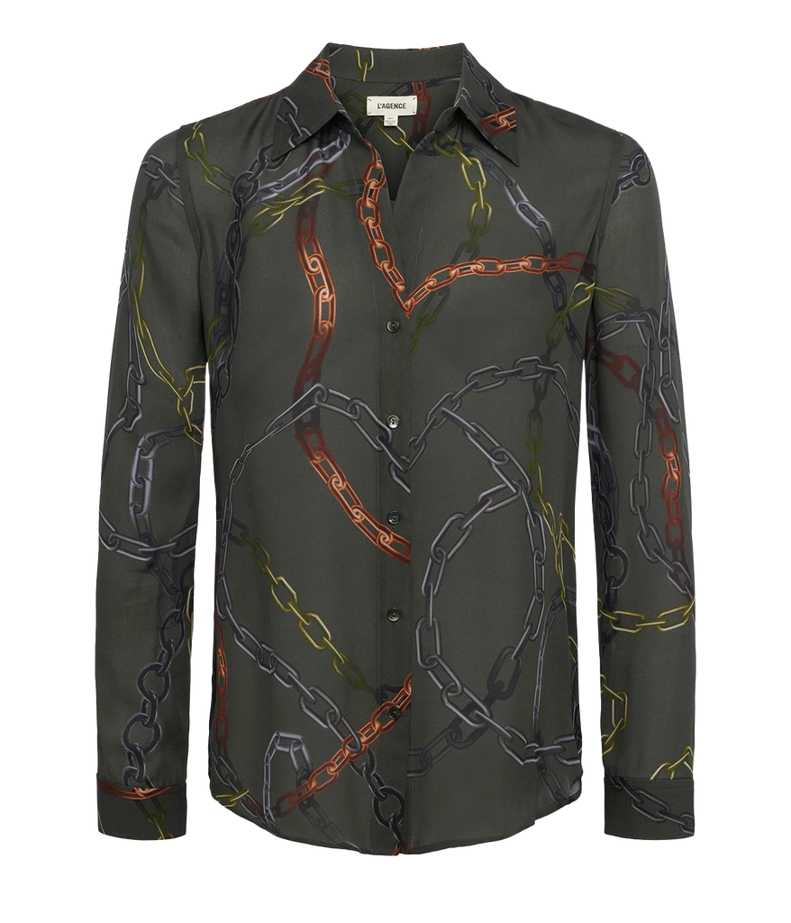 Army green long sleeve silk shirt by L'agence with multi coloured chain details.