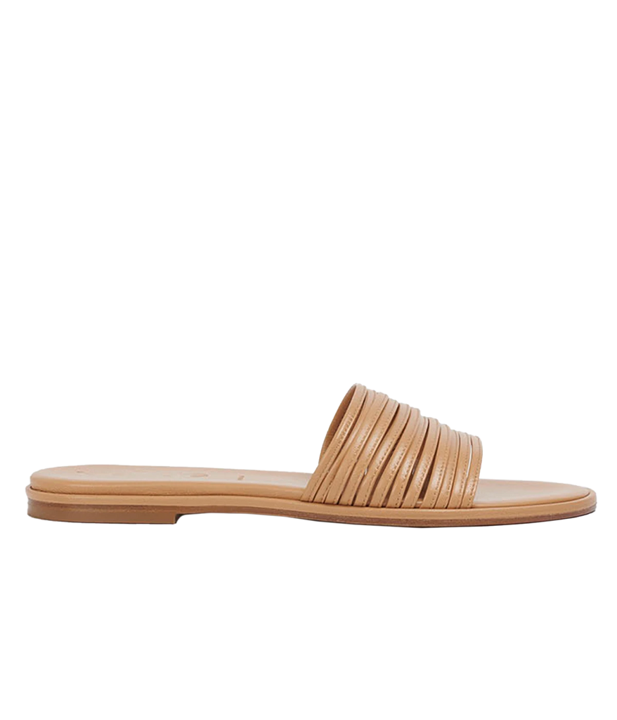 An everyday elevated flat sandal, with a minimalist design, delicate mignon detailing, slip on style and round toe all in a hazelnut colourway. Made in Italy, comfortable, Europe summer, everyday sandal.  