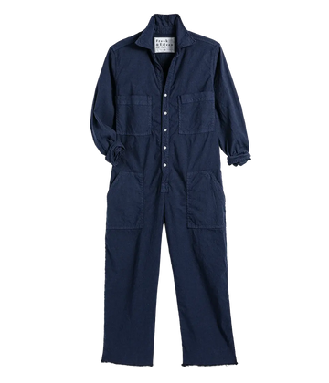 A cotton and linen blend long sleeve navy jumpsuit, throw on and go with a collar detailing, button down and raw hem. Bra friendly, comfortable, summer outfit, breathable, washable, made in Los Angeles. 
