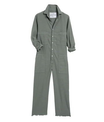  A cotton and linen blend long sleeve sage jumpsuit, throw on and go with a collar detailing, button down and raw hem. Bra friendly, comfortable, summer outfit, breathable, washable, made in Los Angeles. 