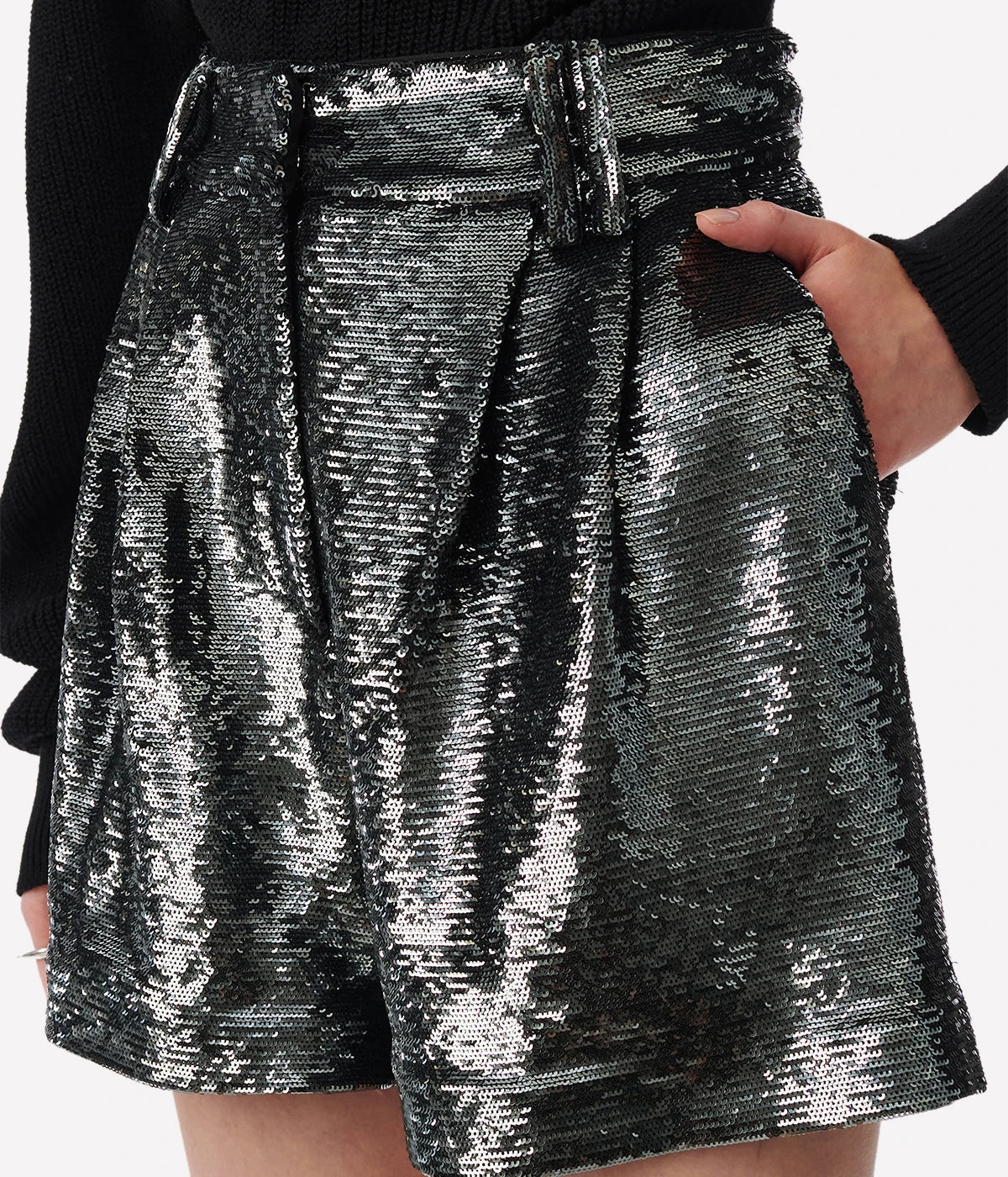 Nucas Short in Dark Grey by IRO, featuring high waist, pleats, belt loops, front and back pockets, and sequin detailing in a 97% viscose, 3% elastane fabric.