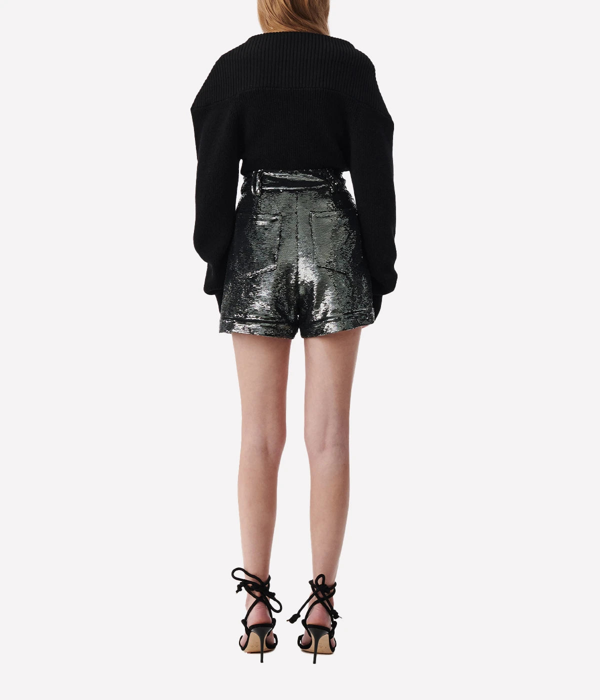 Nucas Short in Dark Grey by IRO, featuring high waist, pleats, belt loops, front and back pockets, and sequin detailing in a 97% viscose, 3% elastane fabric.
