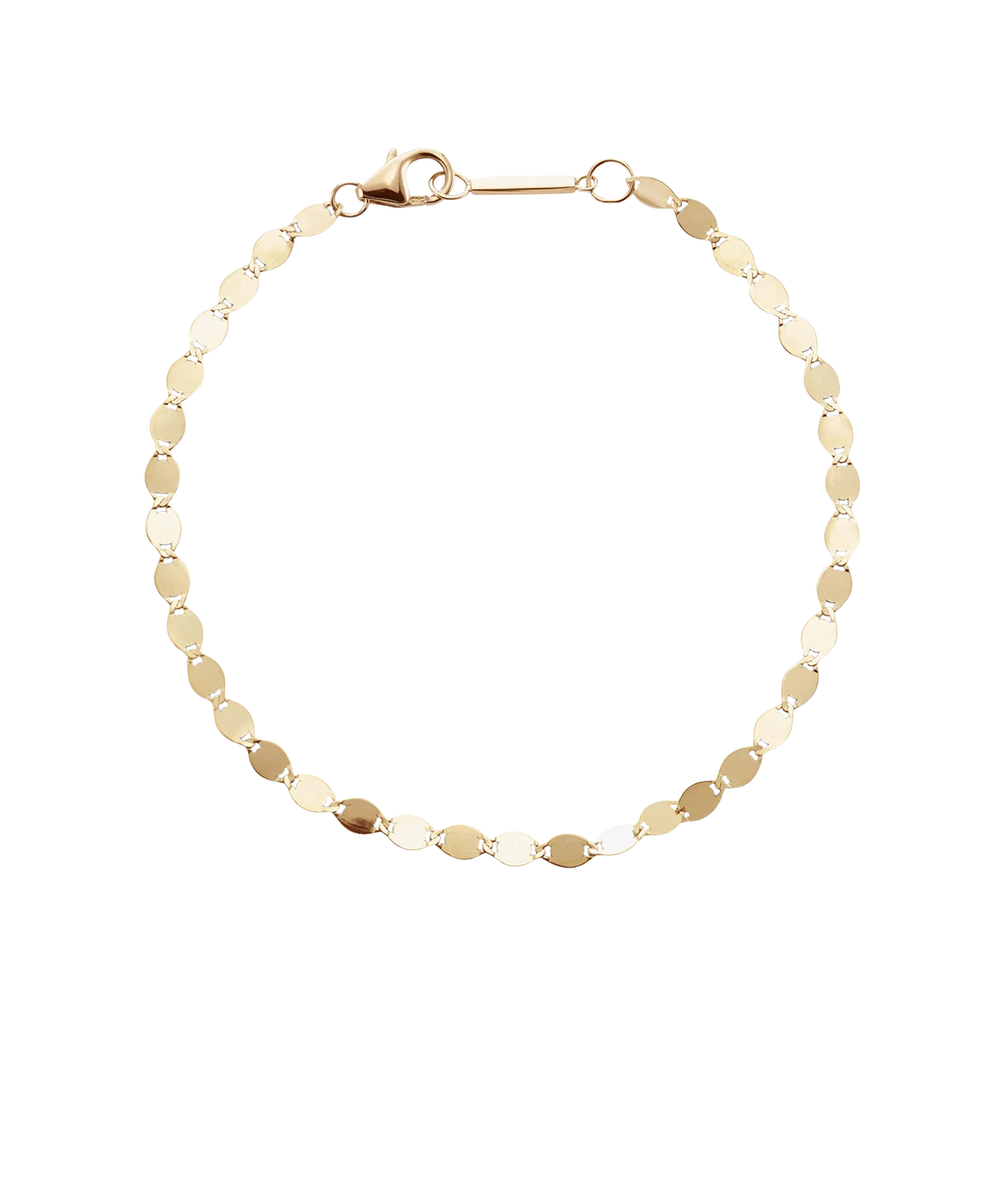 LANA Nude Chain Bracelet in Yellow Gold laid flat in a loop, showing the flat polished Nude chain links and lobster clasp