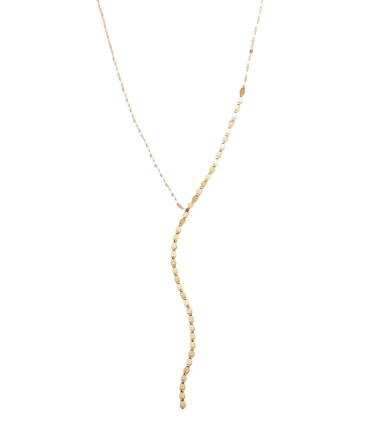 LANA Nude Lariat Necklace in Yellow Gold laid flat, with a fine chain that drops into a long centre strand of flat Nude chain links