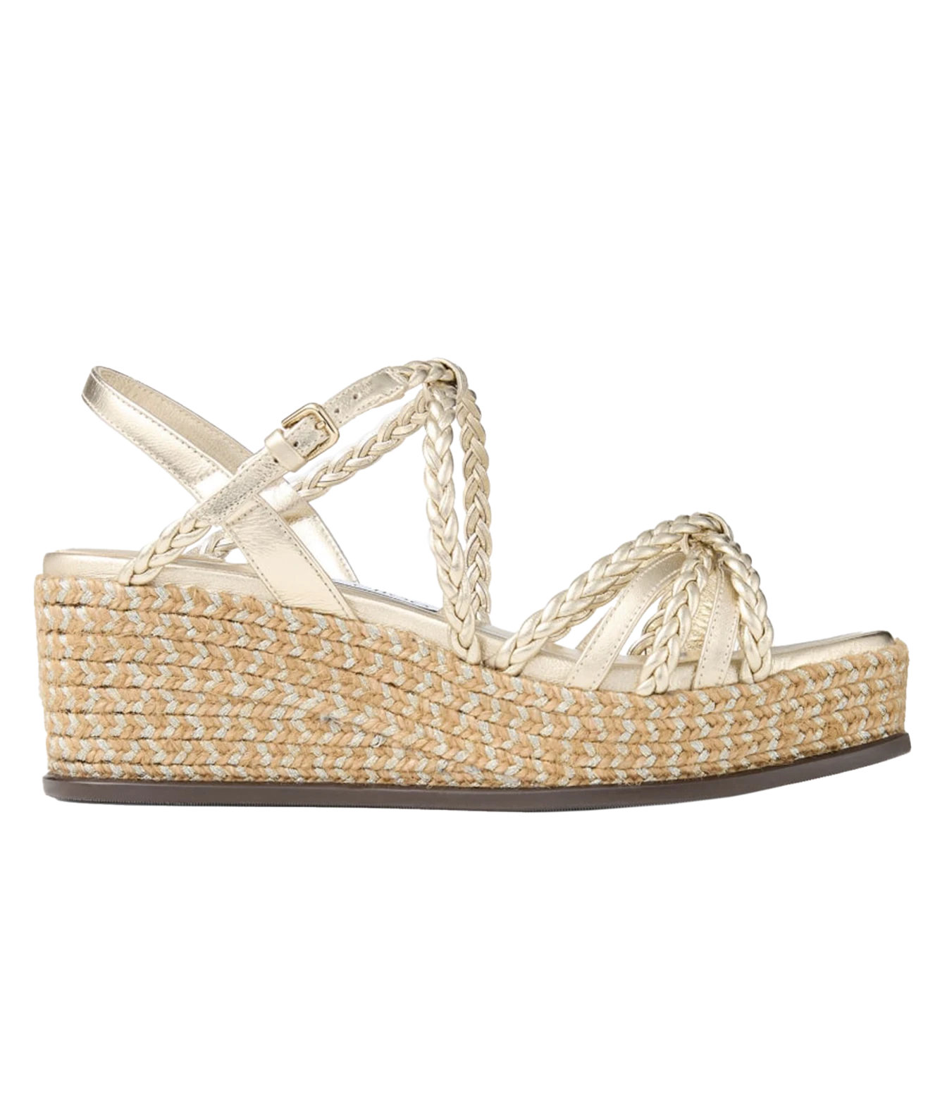 A single women's wedge sandal with cream satin straps and a braided jute platform heel, shown in a side profile on a white background.