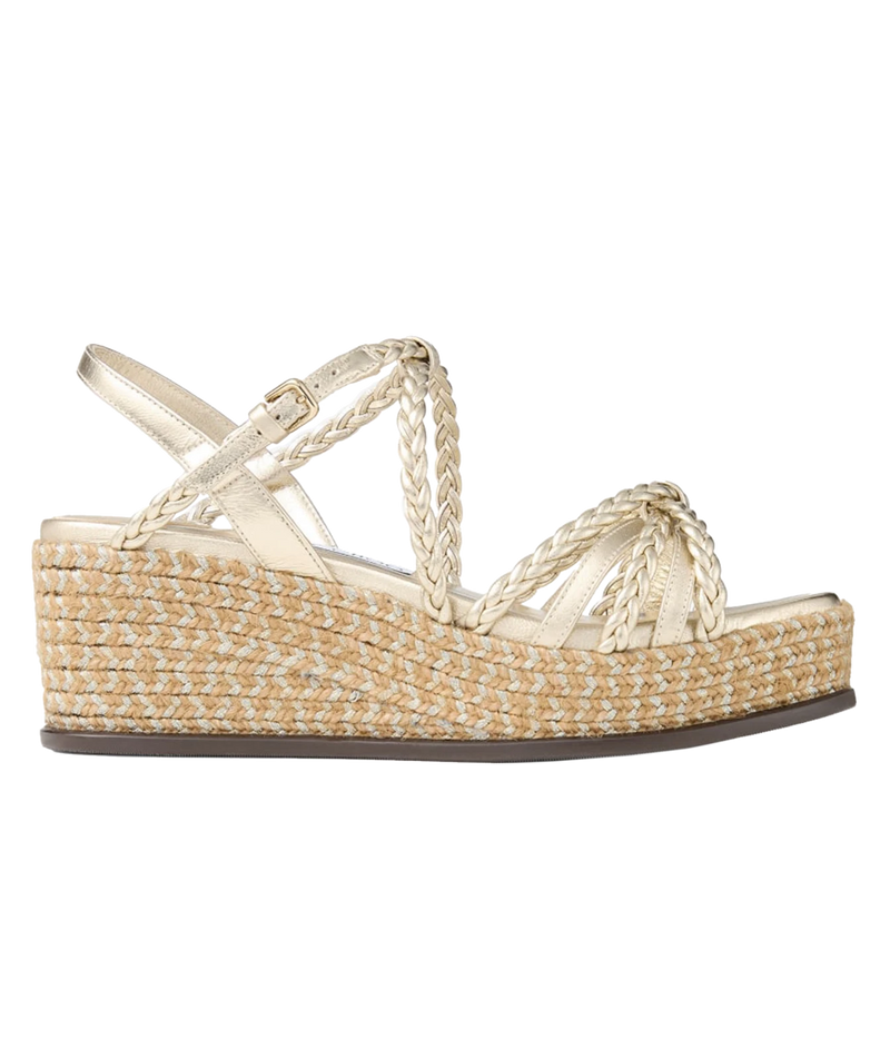 A single women's wedge sandal with cream satin straps and a braided jute platform heel, shown in a side profile on a white background.