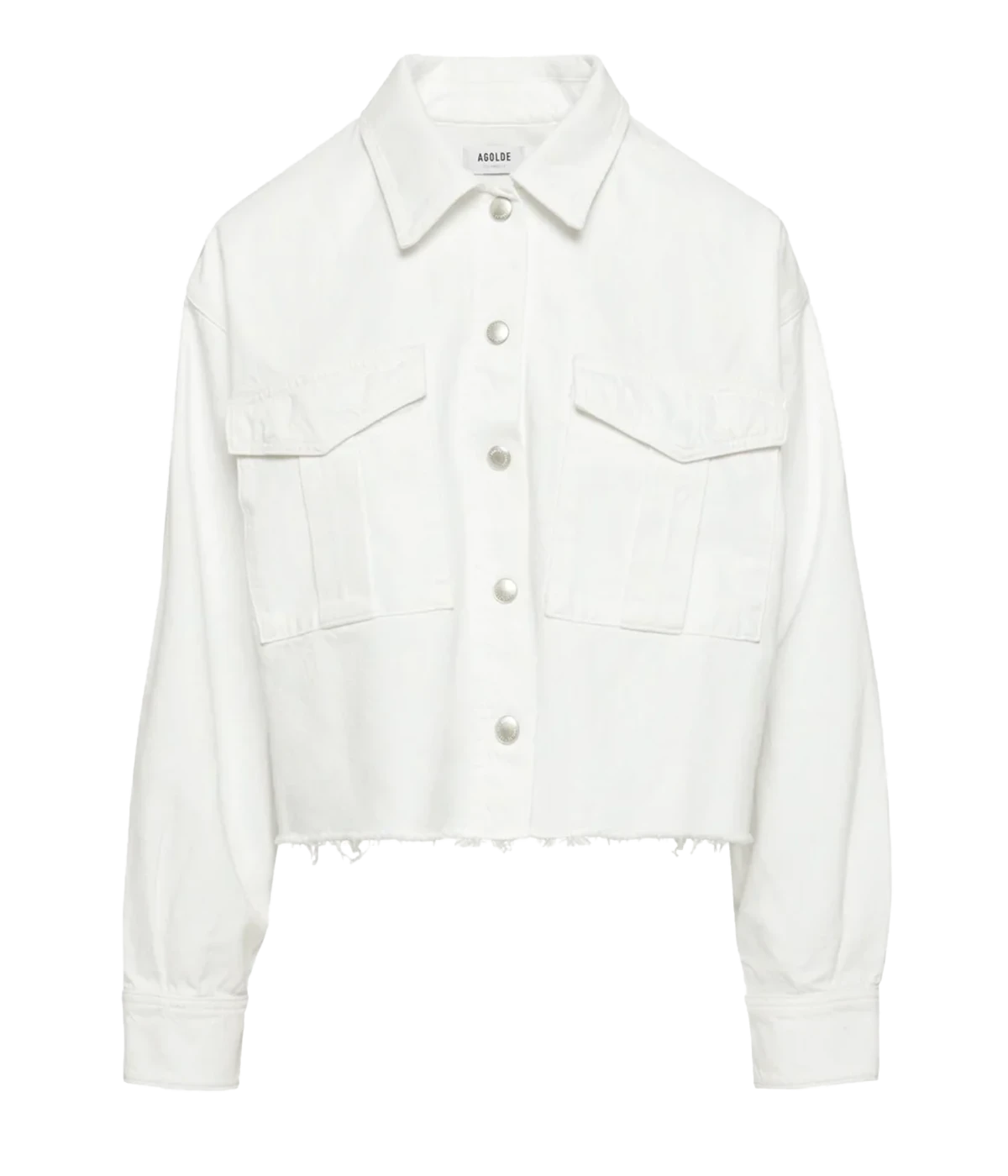 A trendy cropped denim shirt jacket in white, featuring a raw hem, long sleeves, front pocket detail and collar detailing. Summer throw on and go, rigid denim, casual denim jacket, comfortable, made in USA, bra friendly, organic cotton.