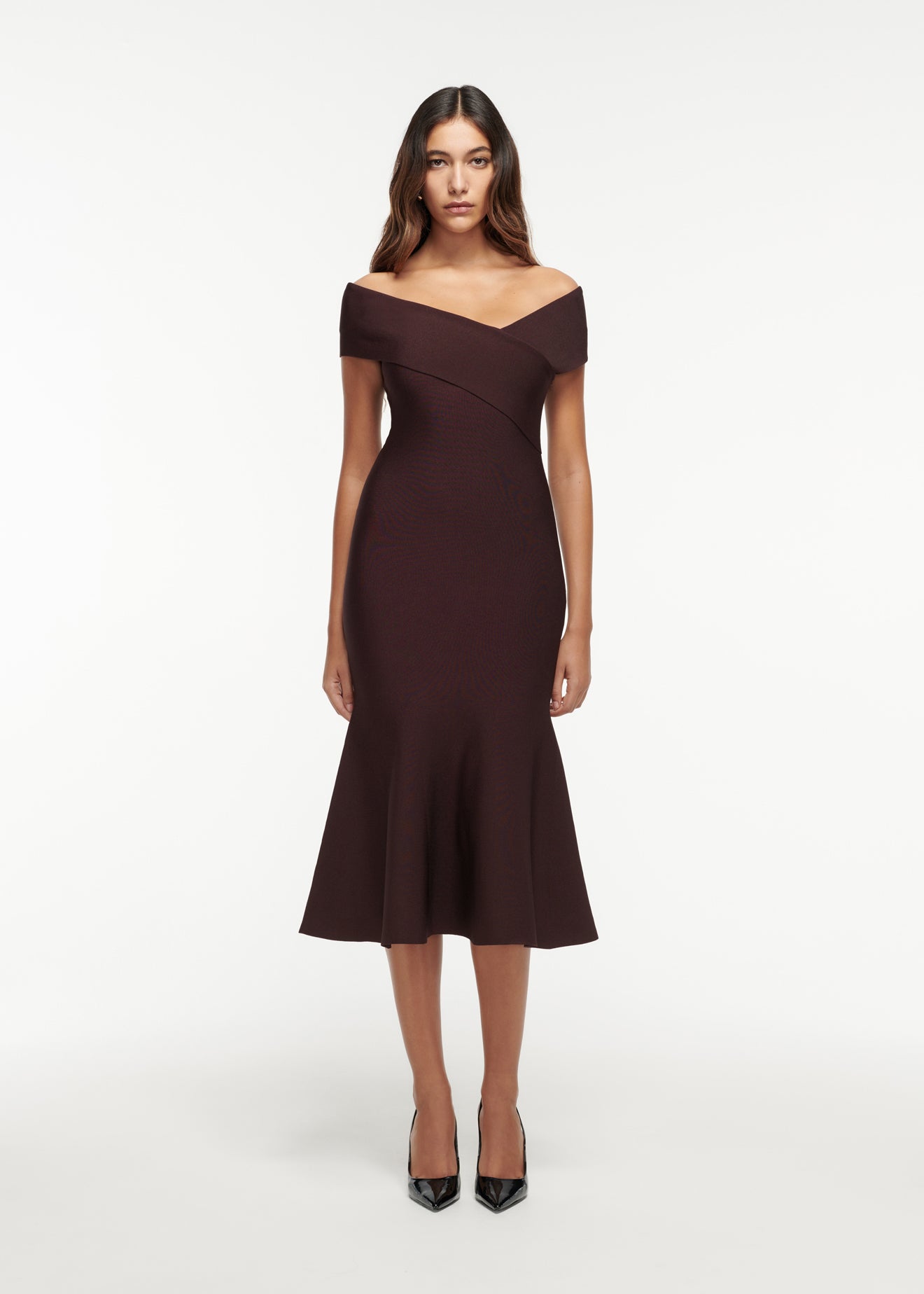 Off The Shoulder Knit Midi Dress in Brown