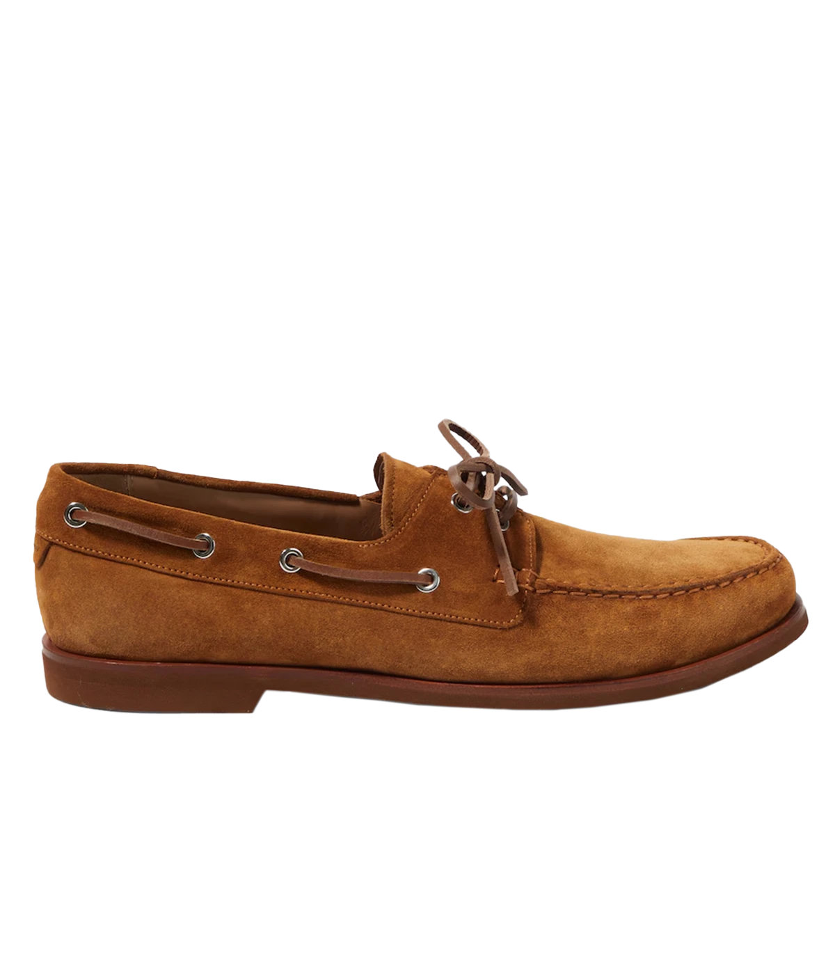 Gianvito Rossi Vandé boat shoes in Texas+ Cuoio Tecu brown, featuring supple suede upper, almond toe shape, leather laces, and silver eyelets, crafted in Italy with a shoe box and dust bag.