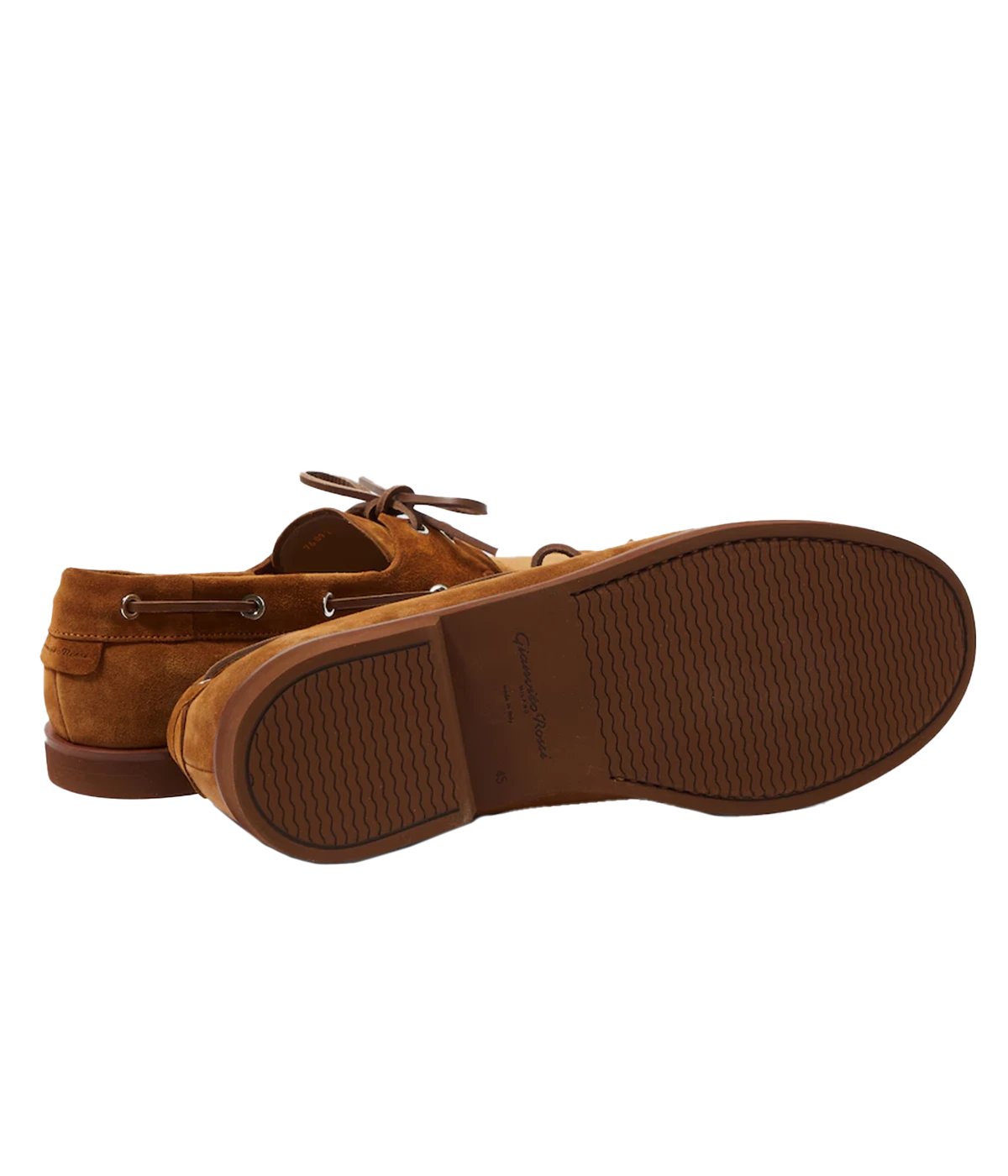Gianvito Rossi Vandé boat shoes in Texas+ Cuoio Tecu brown, featuring supple suede upper, almond toe shape, leather laces, and silver eyelets, crafted in Italy with a shoe box and dust bag.