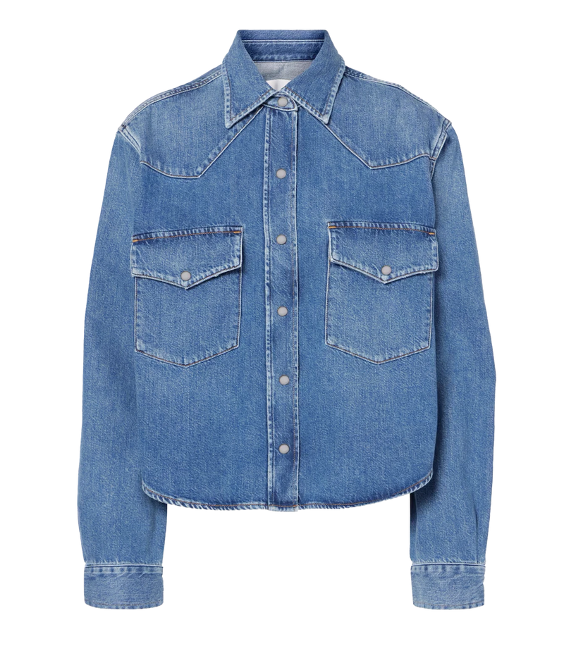 Citizens Of Humanity Cropped Western Shirt in Chaya laid flat, showing the pointed collar, western yokes, snap-button front and two flap chest pockets