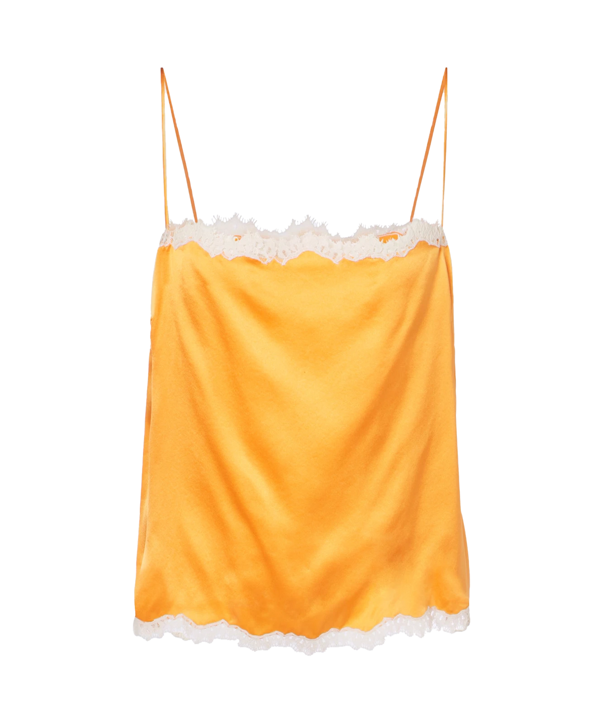 DÔEN Loure Top in Tangerine, product view highlighting the silk satin and contrast lace trim.