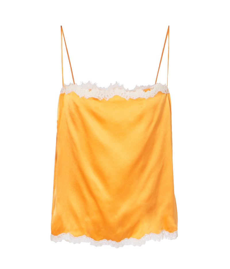 DÔEN Loure Top in Tangerine, product view highlighting the silk satin and contrast lace trim.