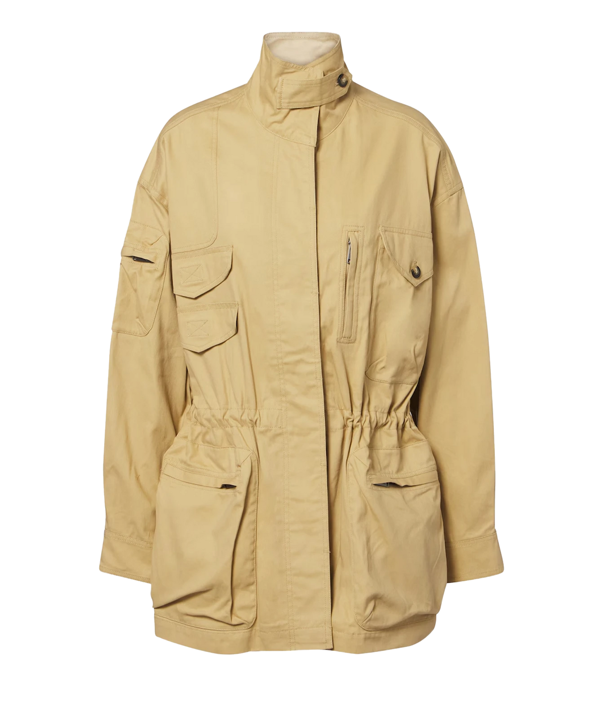 Isabel Marant Étoile Isane Cotton Jacket in Beige, front product view highlighting the utility pockets, drawstring waist and relaxed silhouette.