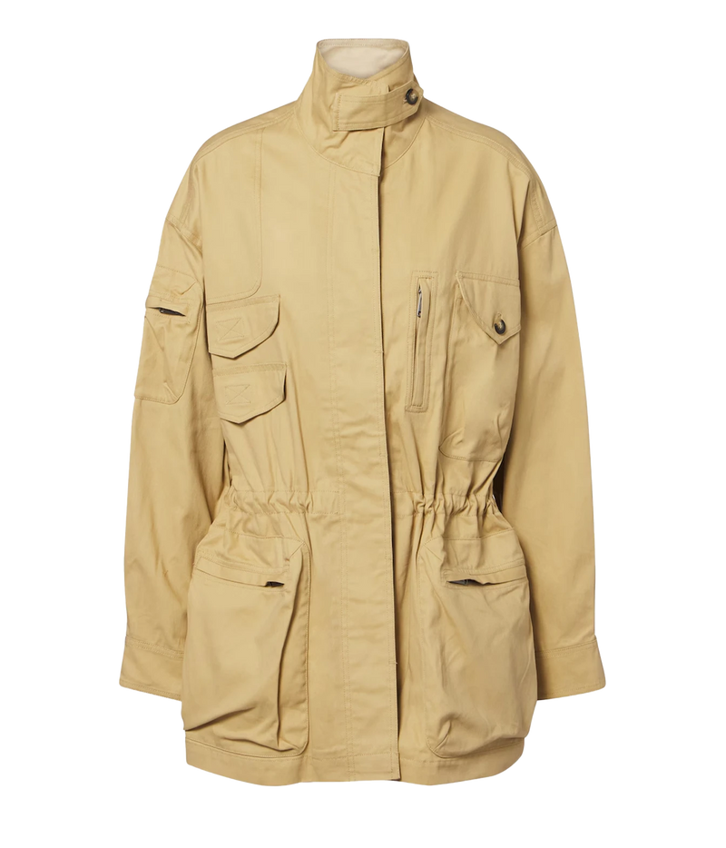 Isabel Marant Étoile Isane Cotton Jacket in Beige, front product view highlighting the utility pockets, drawstring waist and relaxed silhouette.