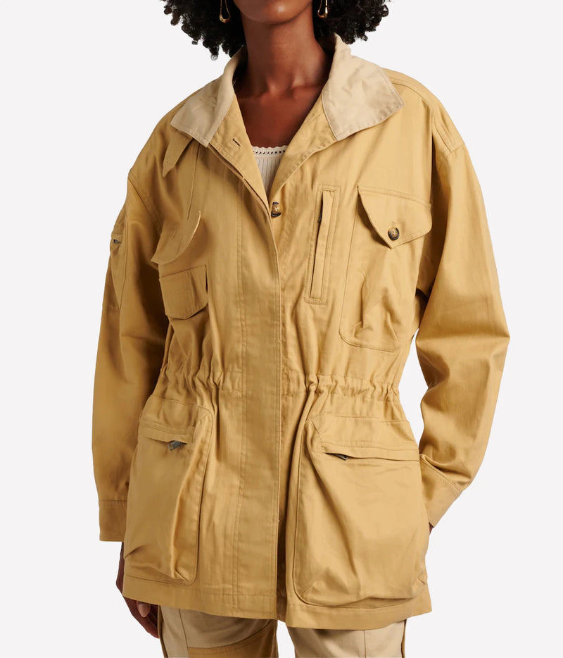 Isabel Marant Isane Cotton Jacket in Beige, front model view highlighting the relaxed utility silhouette and cinched drawstring waist.