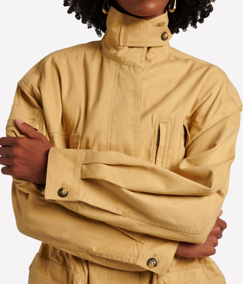 Isabel Marant Isane Cotton Jacket in Beige, back model view highlighting the dropped shoulders and relaxed silhouette.
