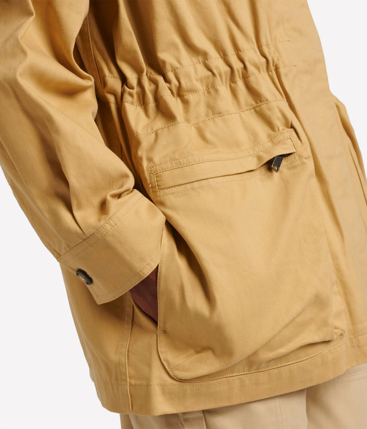 Isabel Marant Isane Cotton Jacket in Beige, side model view highlighting the utility pockets and loose fit.