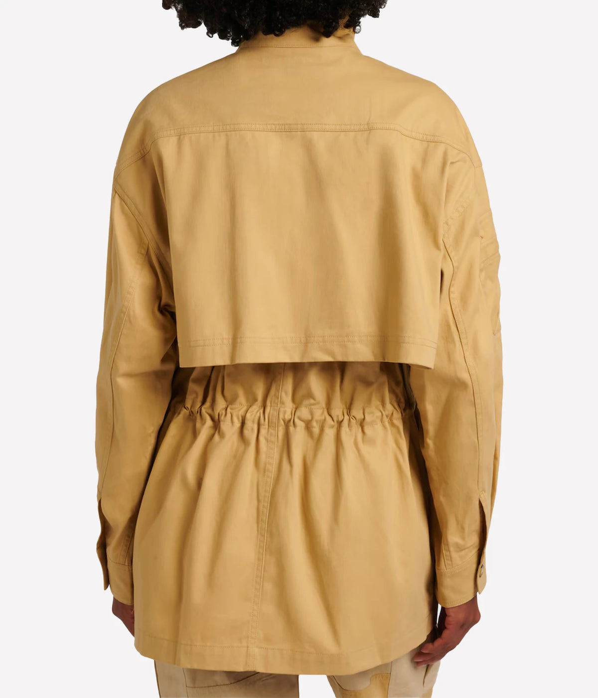 Isabel Marant Isane Cotton Jacket in Beige, detail view highlighting the cotton fabric, collar and button fastening.