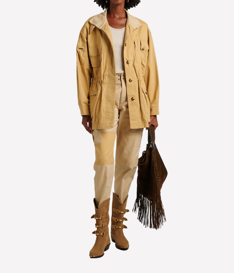 Isabel Marant Isane Cotton Jacket in Beige, full-length styled model view highlighting the relaxed utility silhouette.