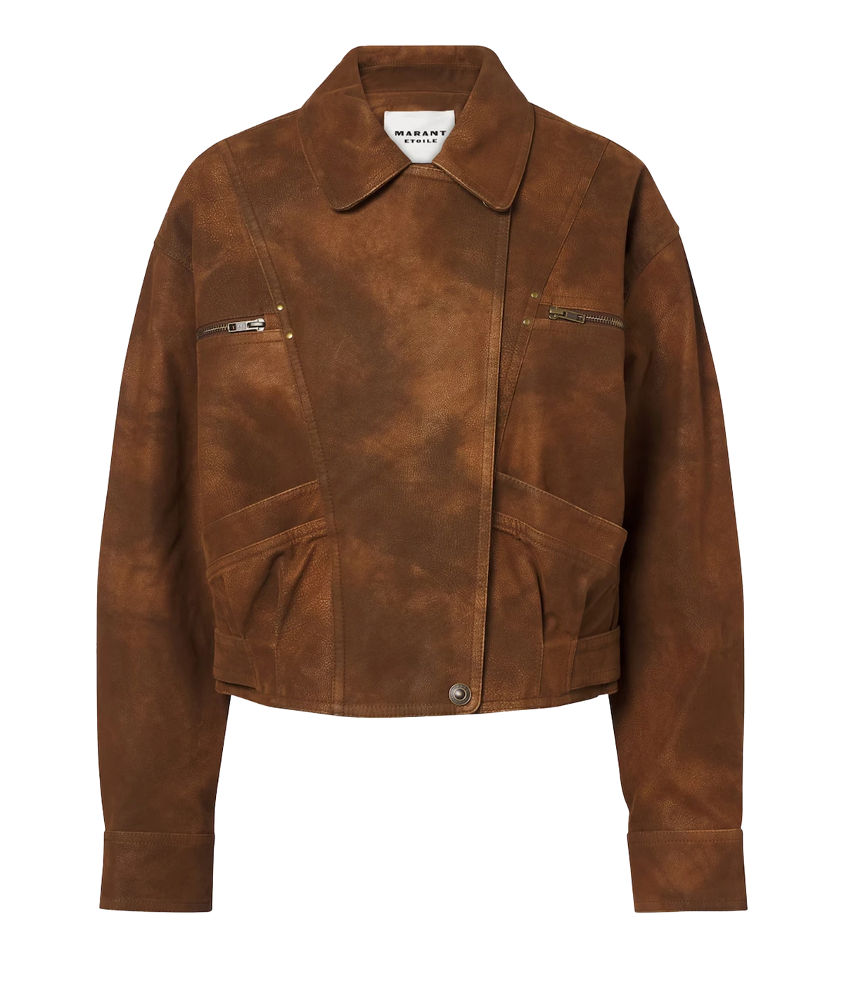 Isabel Marant Étoile Belma Jacket in Brown, front product view featuring the pointed collar, zip chest pockets and utility pockets.