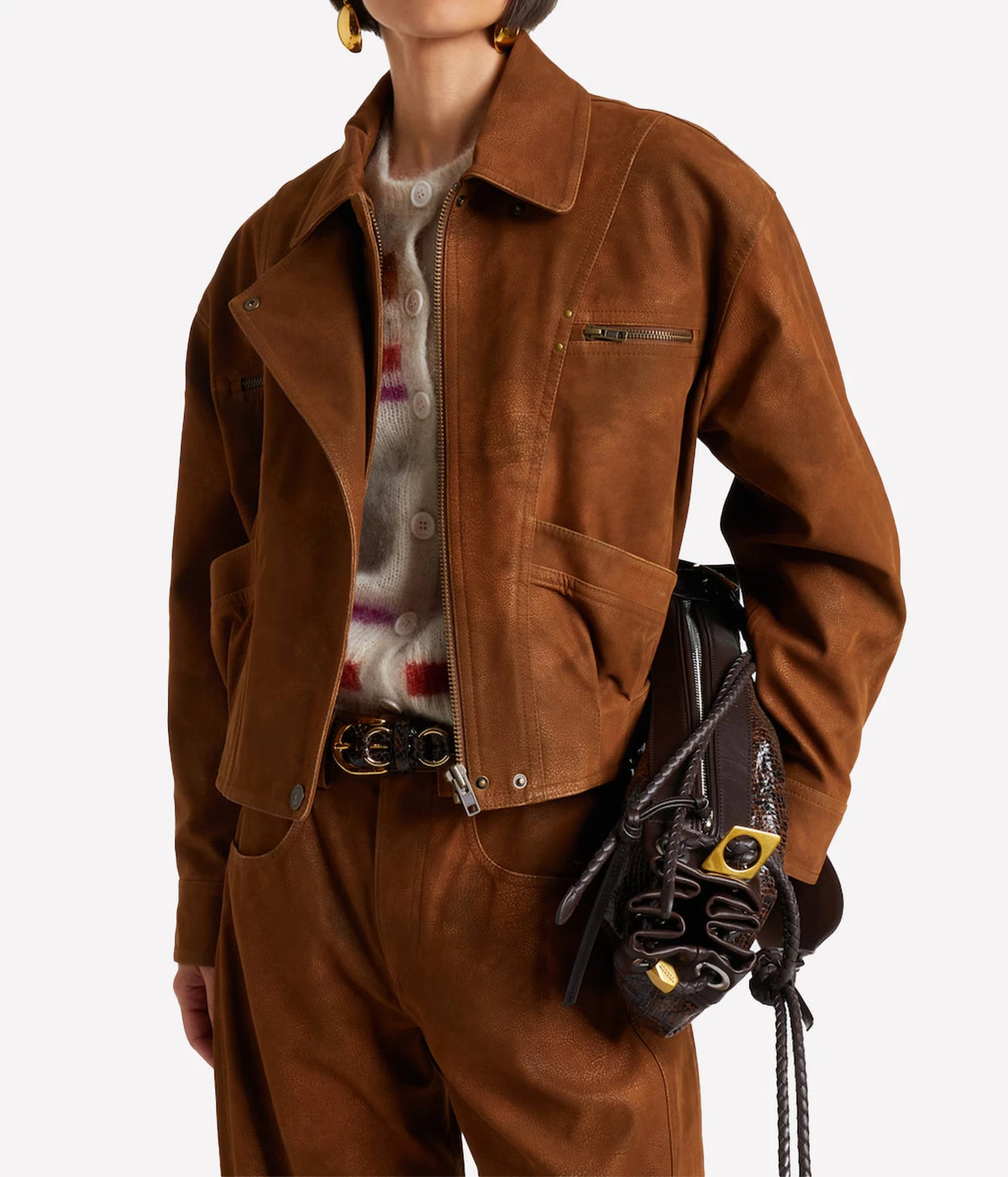 Isabel Marant Étoile Belma Jacket in Brown, styled front model view highlighting the distressed faux suede and cropped silhouette.