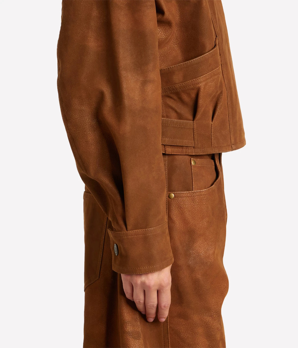 Isabel Marant Étoile Belma Jacket in Brown, side close-up highlighting the utility pocket, distressed faux suede and snap cuff.