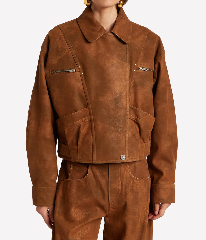 Isabel Marant Étoile Belma Jacket in Brown, front model view highlighting the pointed collar, zip chest pockets and utility pockets.