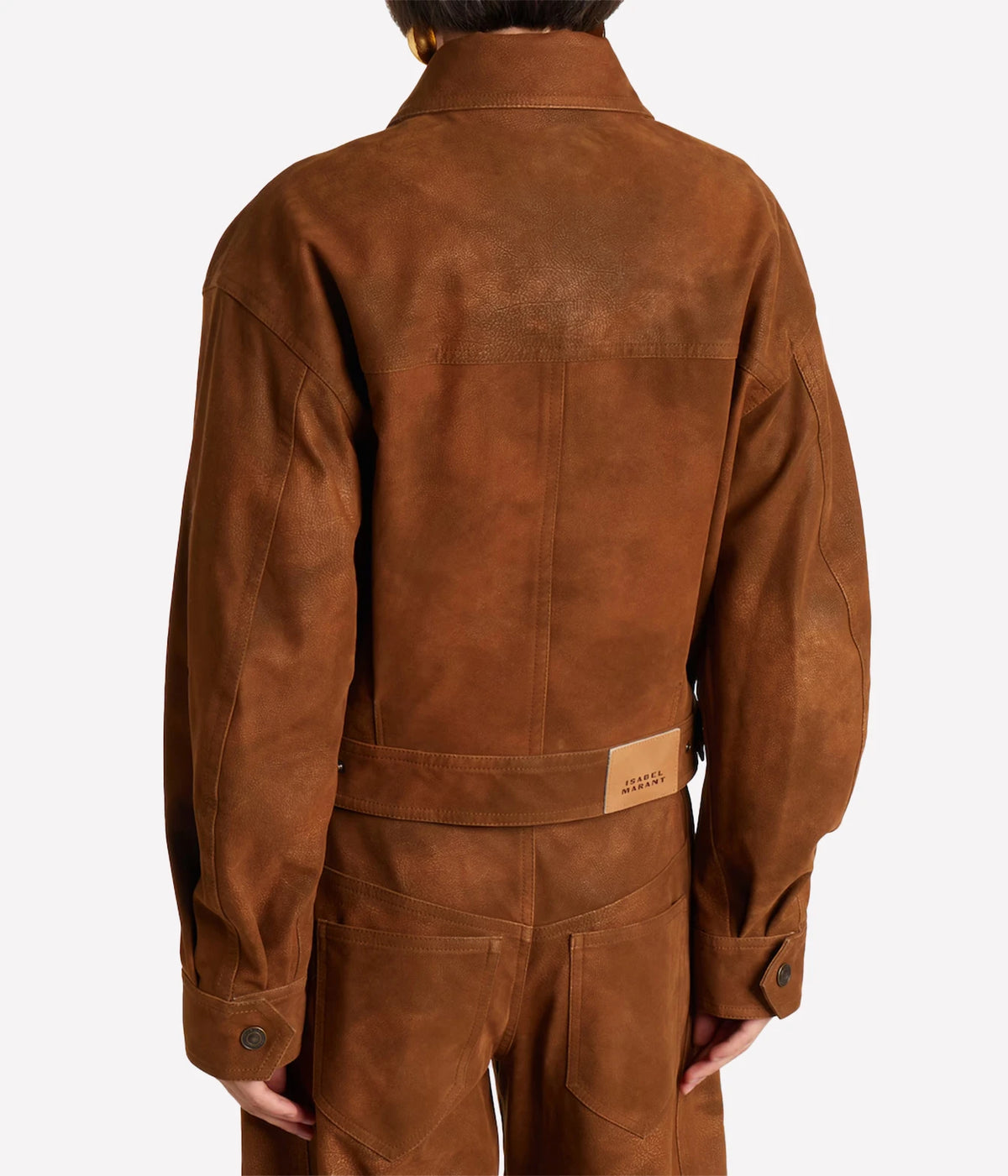 Isabel Marant Étoile Belma Jacket in Brown, back model view highlighting the seam detailing and adjustable back tabs.