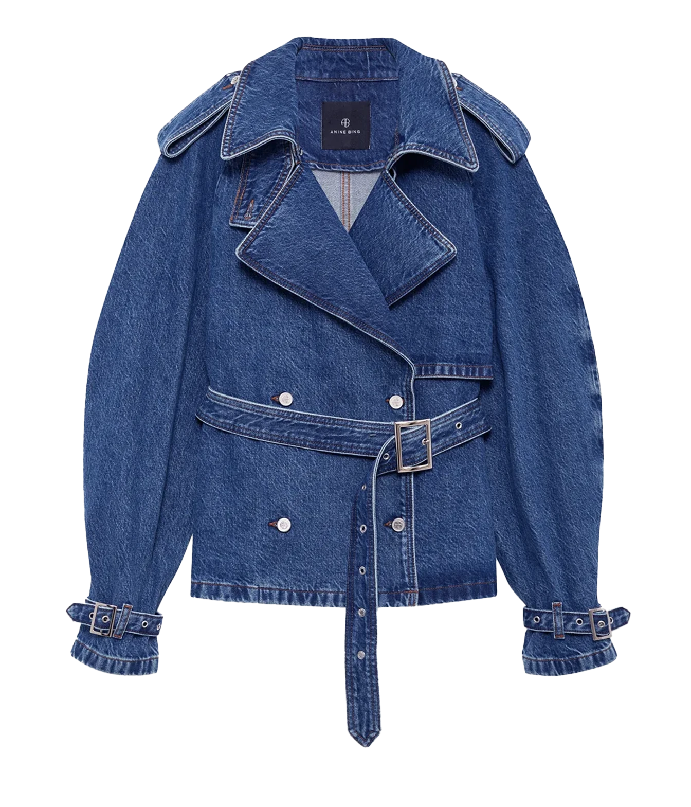 A blue denim belted jacket with a double-breasted design, wide collar, and matching denim cuffs, shown on a plain white background.