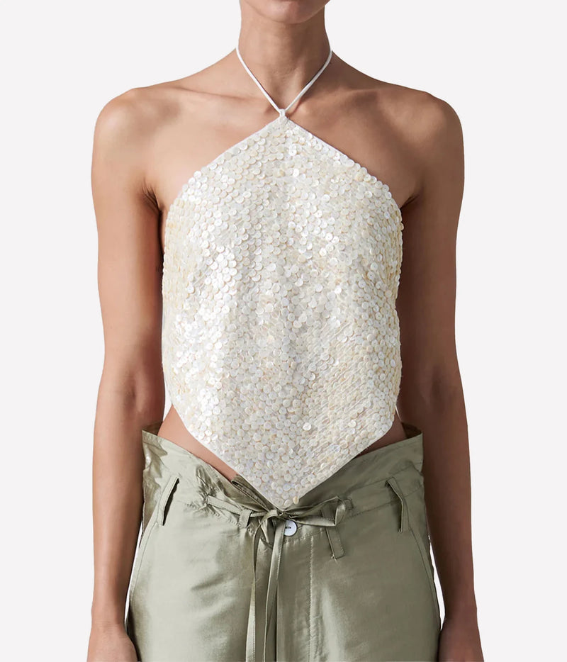Chan Luu Halter Top with Shell Button in Shell - women's beaded halter top, close-up front view