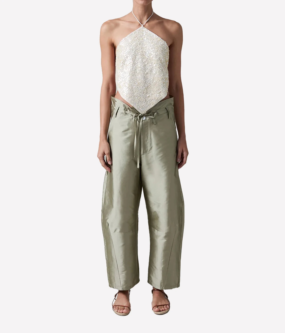 Chan Luu Halter Top with Shell Button in Shell - women's beaded halter top, front view on model