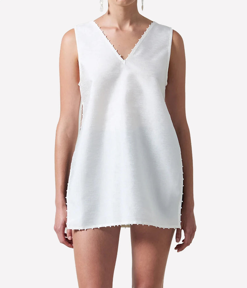Chan Luu Dupion Dress with Glass Seed Bead Embellishment in White - women's sleeveless v-neck mini dress, close-up front view