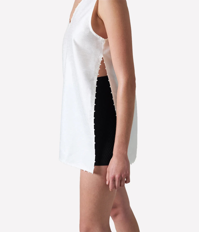 Chan Luu Dupion Dress with Glass Seed Bead Embellishment in White - women's sleeveless v-neck mini dress, side view