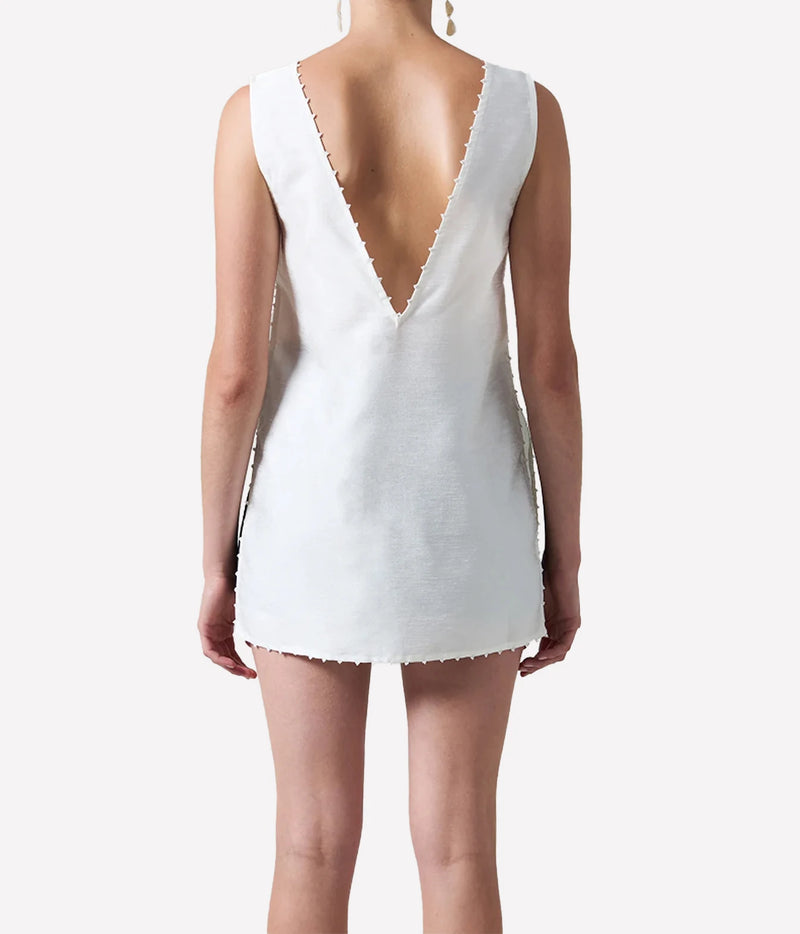 Chan Luu Dupion Dress with Glass Seed Bead Embellishment in White - women's sleeveless v-neck mini dress, back view on model