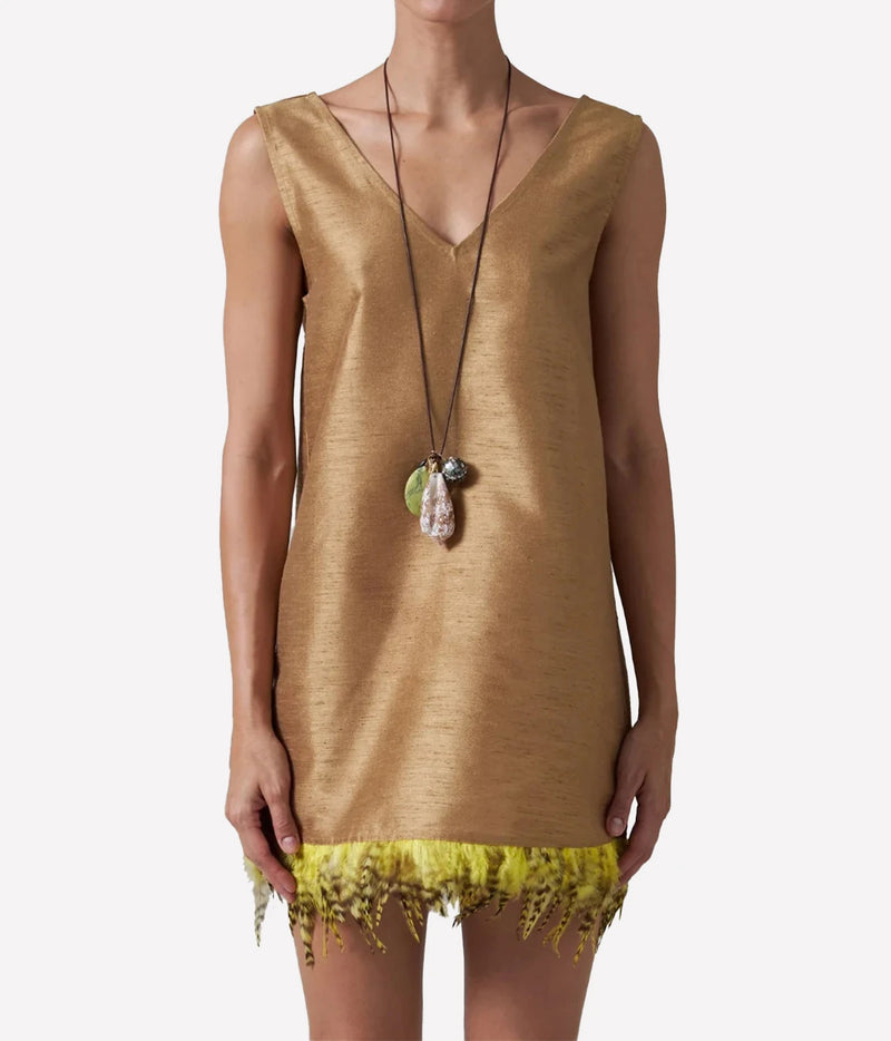 chan luu Dupion Exaggerated Tank With Feather Embellishment In Camel - front angle close up