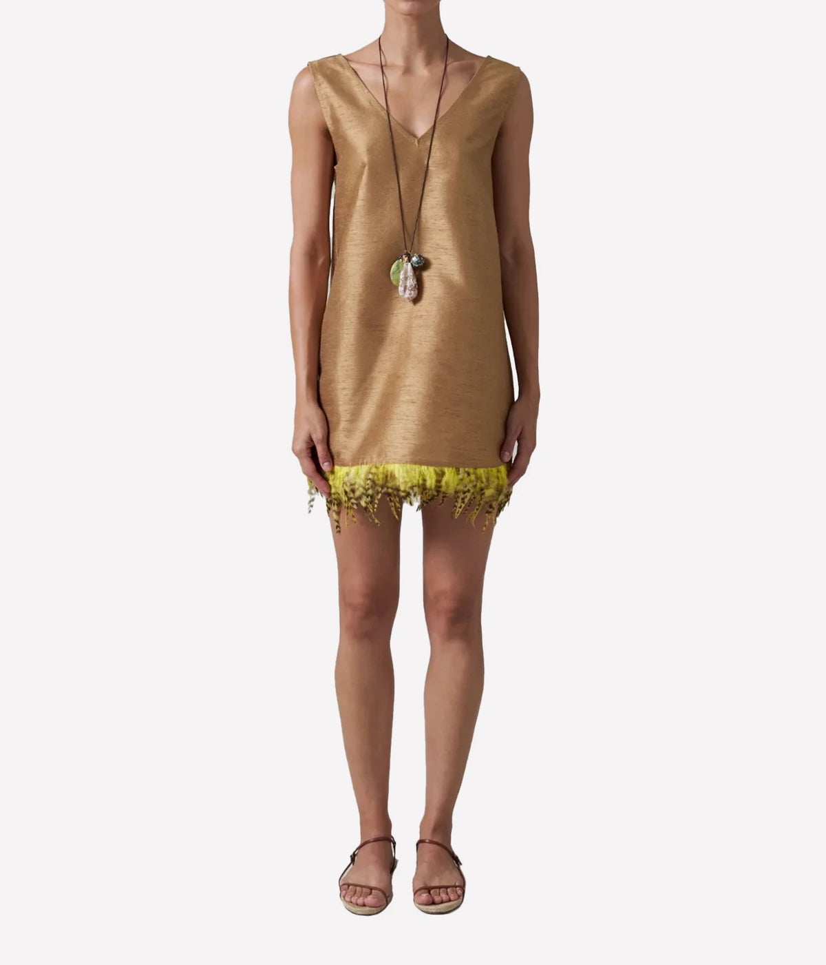 chan luu Dupion Exaggerated Tank With Feather Embellishment In Camel - front full body angle
