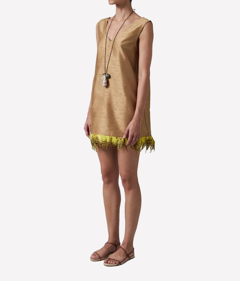 chan luu Dupion Exaggerated Tank With Feather Embellishment In Camel - front full body side profile