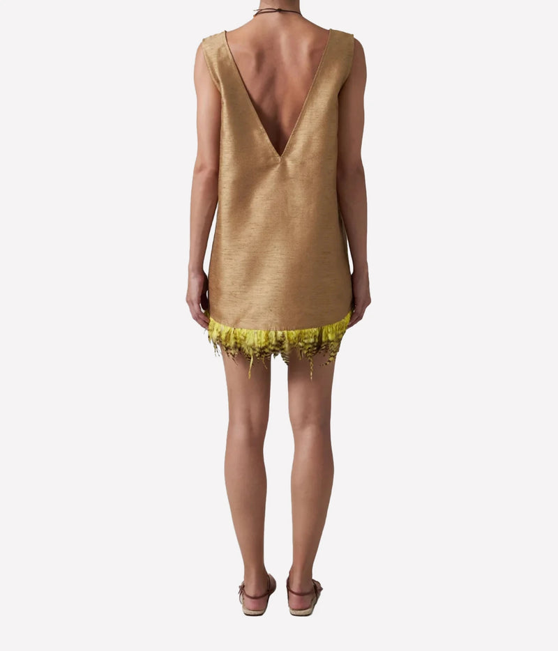 chan luu Dupion Exaggerated Tank With Feather Embellishment In Camel - back full body shot