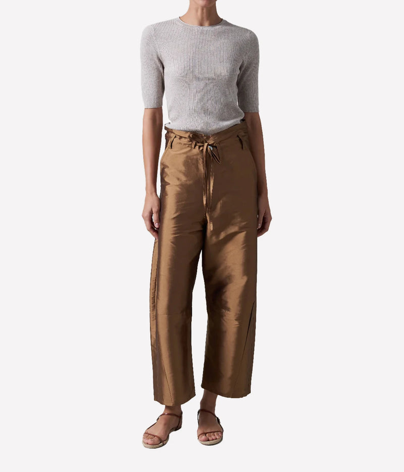 Chan Luu Taffeta Barrel Pant in Bronze - women's high-waisted barrel leg trousers, front view on model