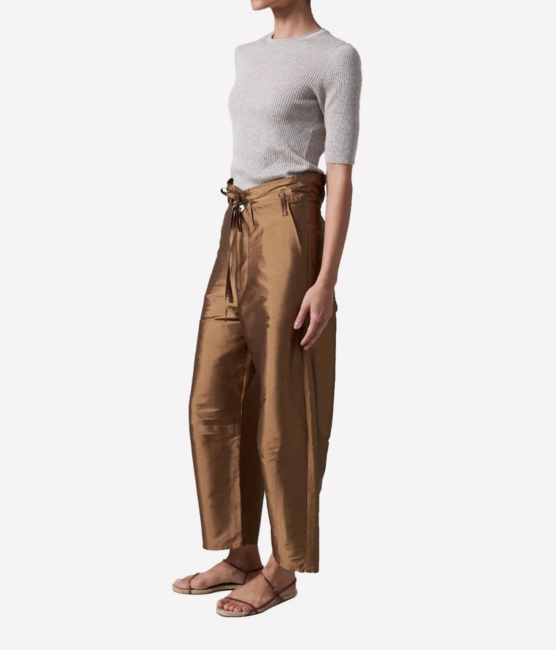 Chan Luu Taffeta Barrel Pant in Bronze - women's high-waisted barrel leg trousers, side view on model