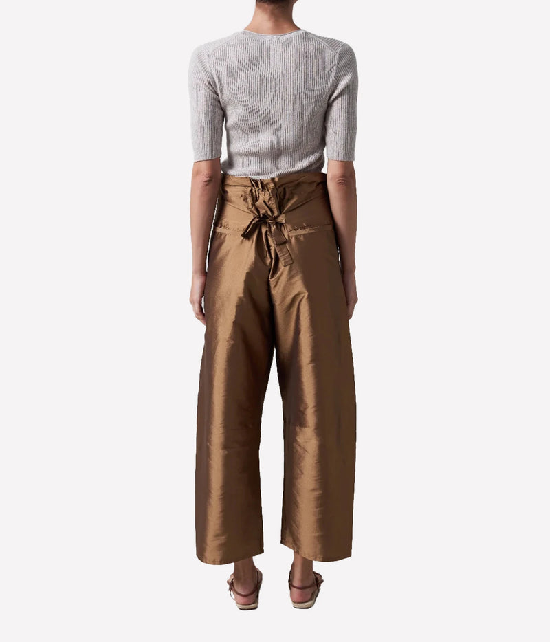 Chan Luu Taffeta Barrel Pant in Bronze - women's high-waisted barrel leg trousers, back view on model